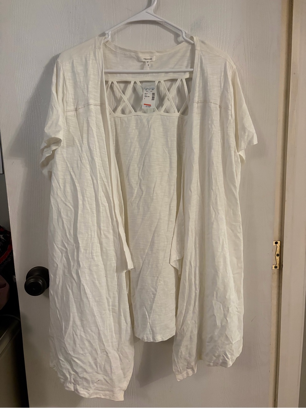 Maurices White Open-Front Short Sleeve Tunic with Lattice Back